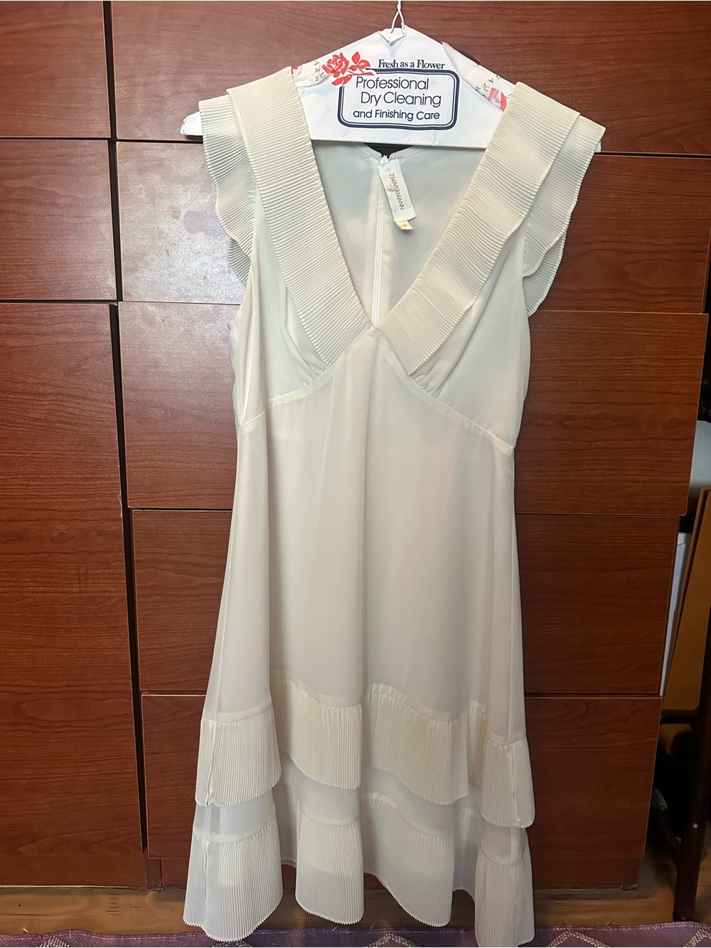 ZIMMERMAN Cream V-Neck Pleated Trim Midi Dress